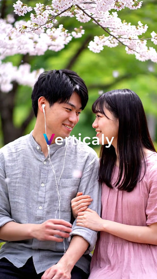 桜並木、寄り添う二人