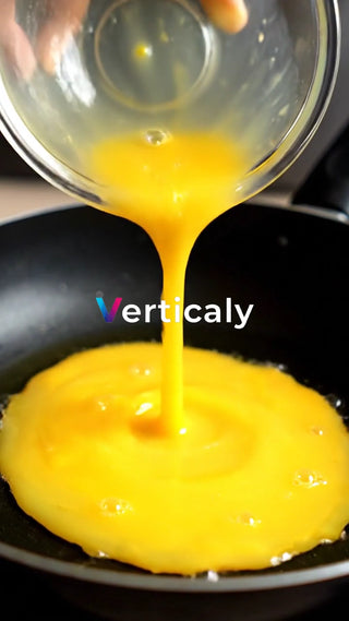 卵をフライパンへ、料理の瞬間