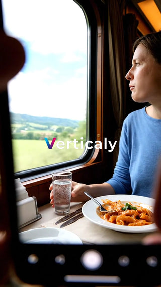列車内の食事風景、窓の外には景色