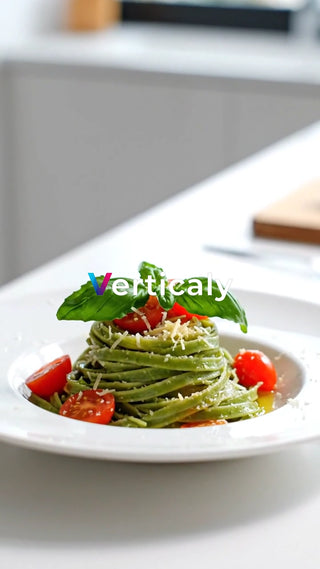 グリーンパスタ、彩りトマト