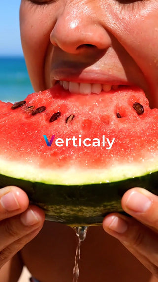 スイカを頬張る夏、海辺で