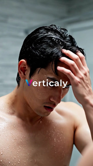 シャワー後の男性、髪を触る