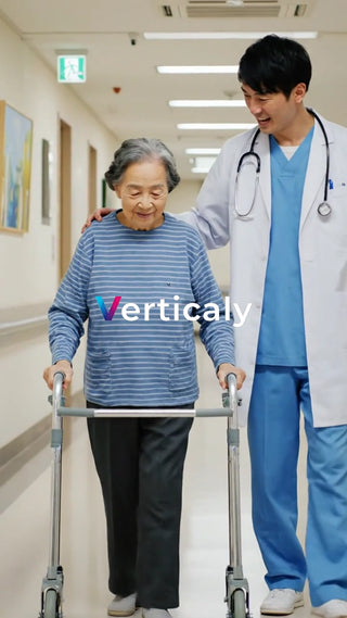 医師と歩く高齢女性