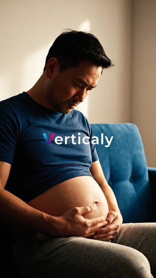 妊娠中の男性、お腹を抱える