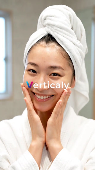 笑顔で頬に手を当てる女性