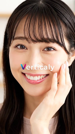 笑顔が素敵な女性、頬に手を添えて