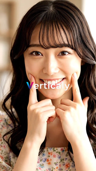 頬を指す女性、笑顔が眩しい