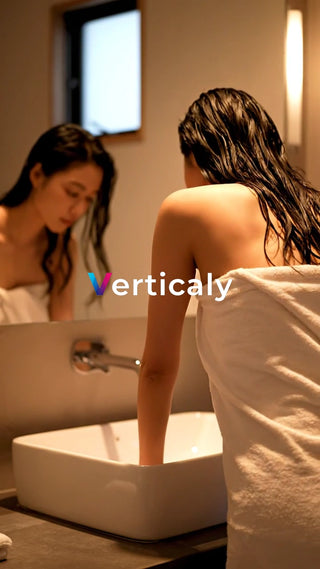 鏡越しの女性、身支度中