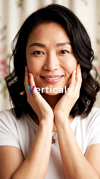 頬に手を添える女性、笑顔が素敵