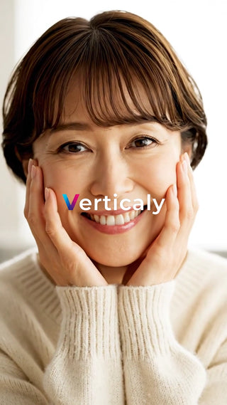 頬に手を添える女性、笑顔が眩しい