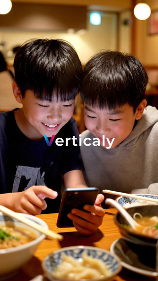 ラーメンを食べる、笑顔の兄弟