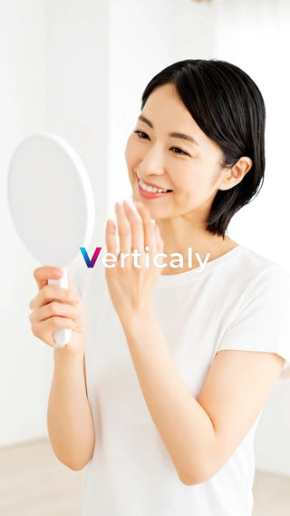 鏡を見る女性、笑顔が素敵