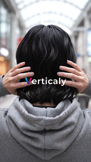 黒髪を触る女性、後ろ姿