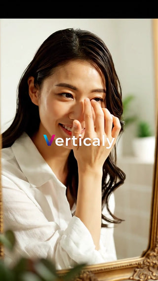 鏡を見る女性、笑顔が素敵