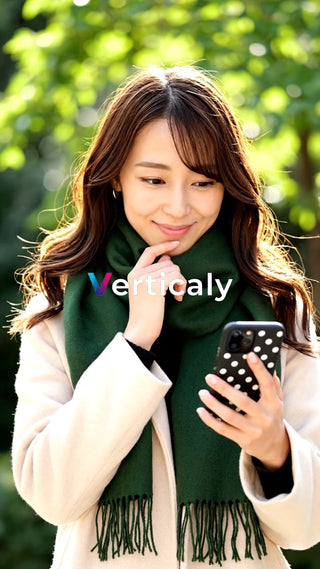 スマホを覗く女性、緑の中で