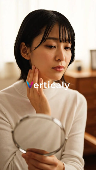 鏡を見る女性、肌チェック