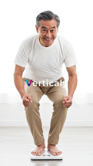 体重計に乗る男性、喜び