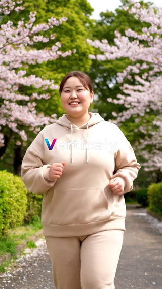 公園を走る女性、笑顔が素敵