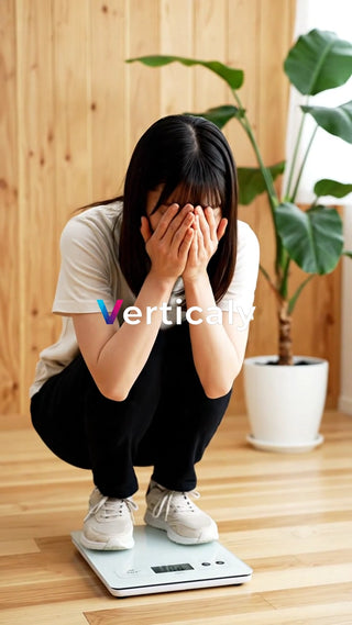 体重計に乗る女性、悩み顔