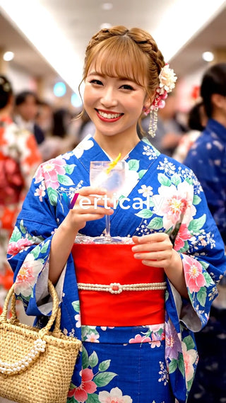 浴衣姿の女性、グラスを手に