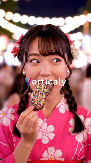 浴衣姿の女性、チョコを頬張る