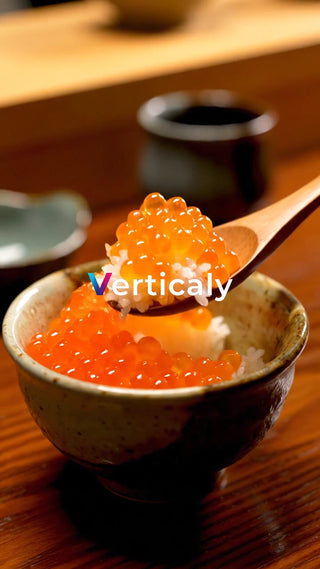 イクラ丼、木のスプーンで