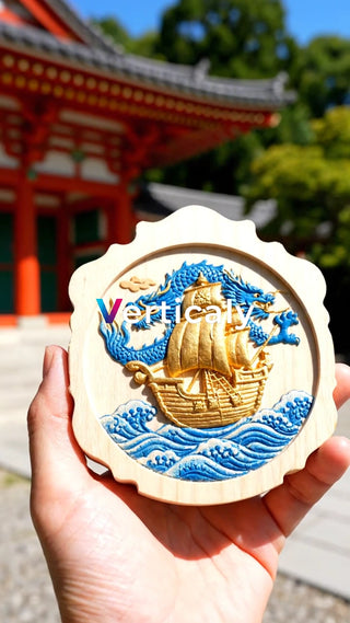 龍と帆船、木彫りのアート