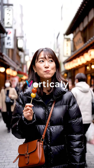 食べ歩き、団子を頬張る女性