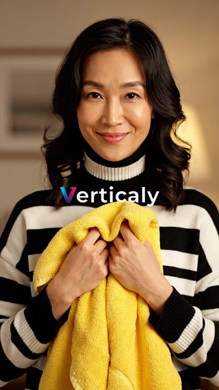 タオルを抱える女性、笑顔が素敵