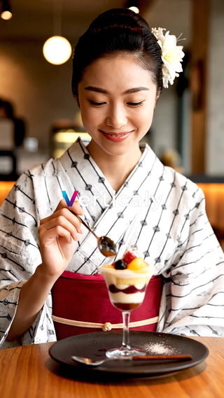 着物姿でパフェを味わう