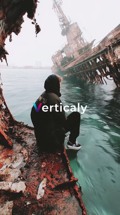 朽ちた船と佇む人