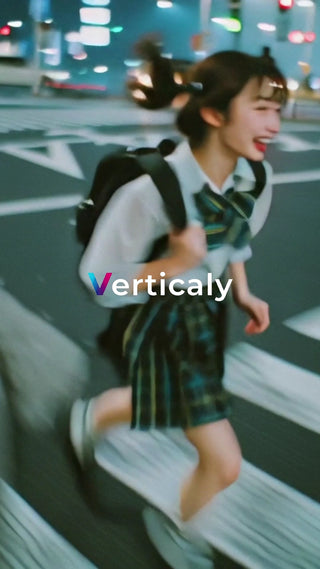 制服姿の女性、街を駆ける