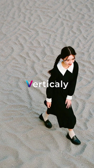 海辺を歩く女性、黒ワンピ