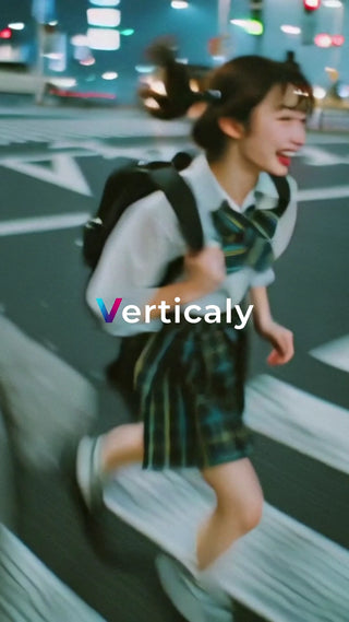 横断歩道を笑顔で走る女子高生