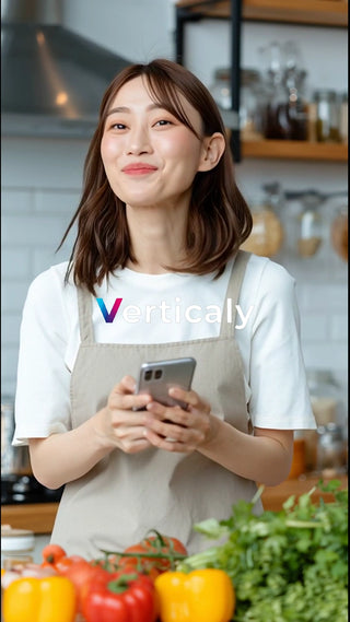 スマホを触る女性、キッチン