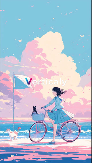 海辺を自転車、黒猫と少女