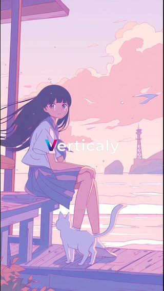 海辺で過ごす少女と猫