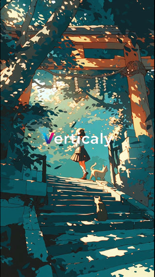 階段を歩く少女と猫