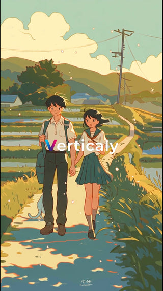 並木道を歩く学生カップル