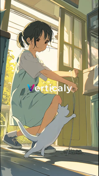 猫と遊ぶ女の子、穏やかな午後