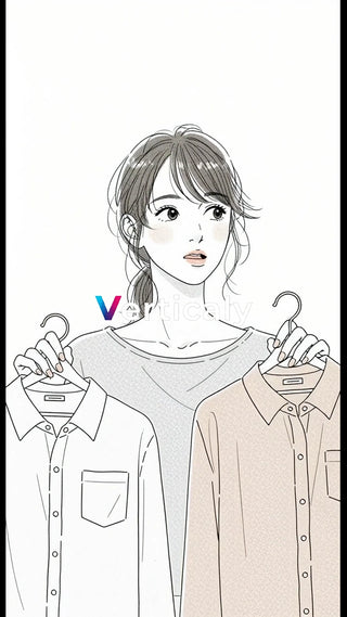 シャツを選ぶ女性、迷う姿