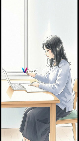 PC作業、窓辺で集中する女性