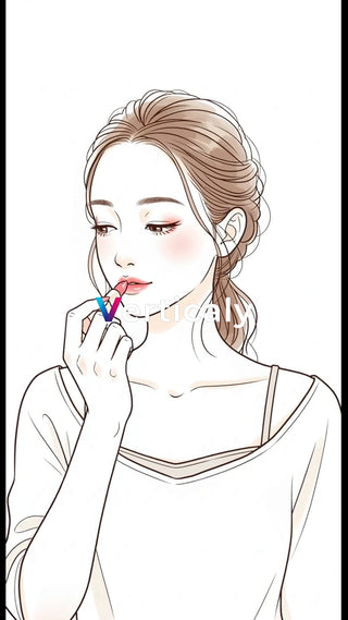 メイク中の女性、赤いリップ