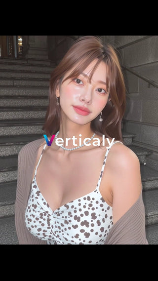 白いドット柄ワンピの女性