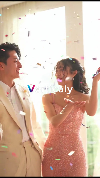 お祝いの紙吹雪、笑顔の二人