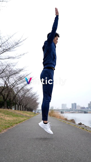 ジャンプする男性、爽やかな朝