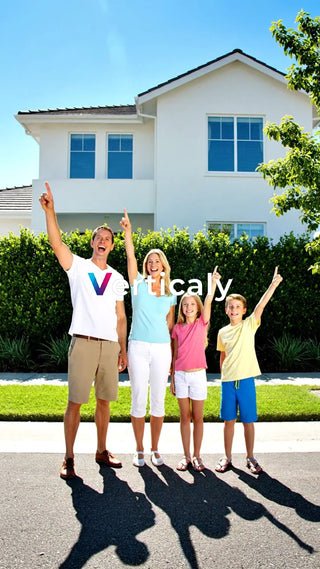 家族と白い家、青空の下