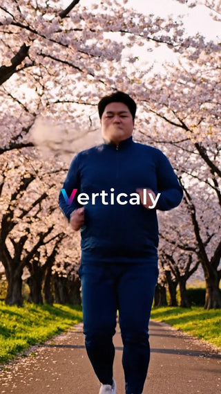 桜並木を走る男性