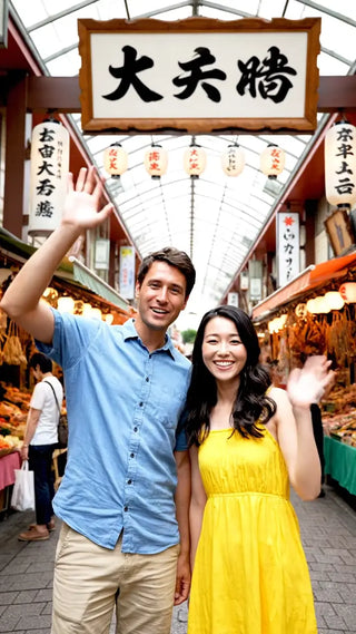 日本の商店街を歩く二人