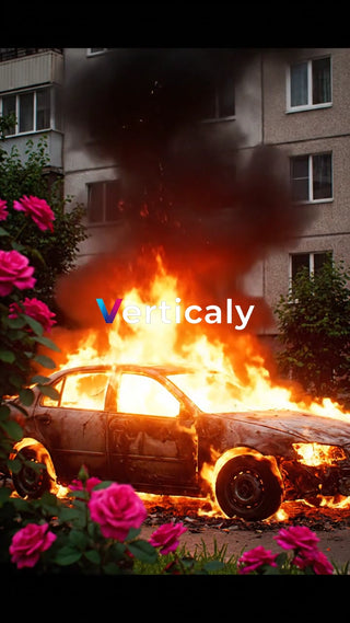 燃える車とピンクの薔薇